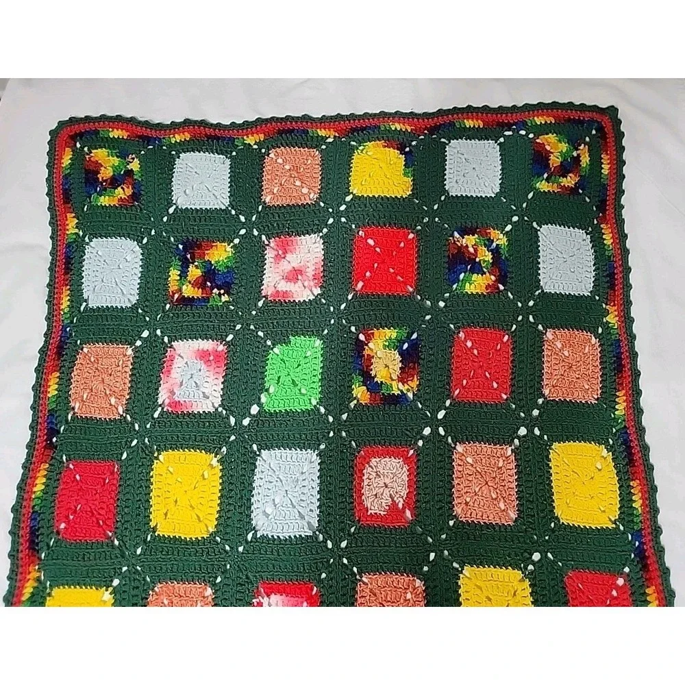 Crocheted‎ Afghan, Handmade Granny Square, Primary Color Green, 36 X 52